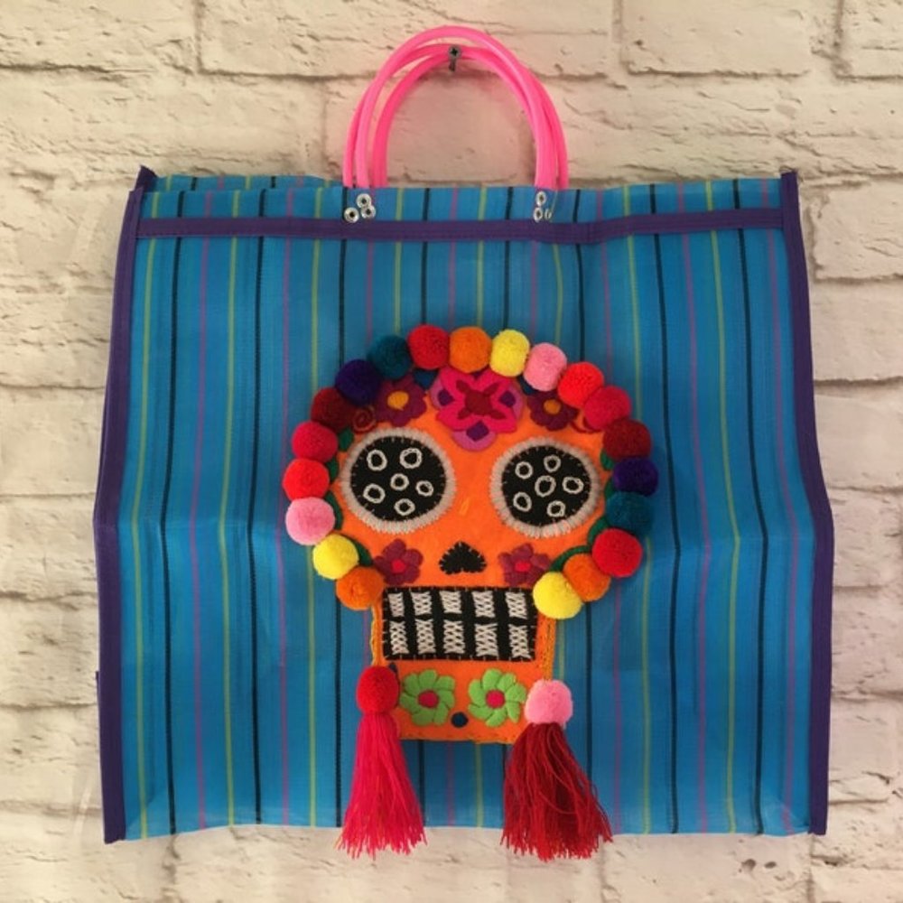 Handmade Embroidered Mesh Mexican Sugar Skull Shopping Tote Bag
